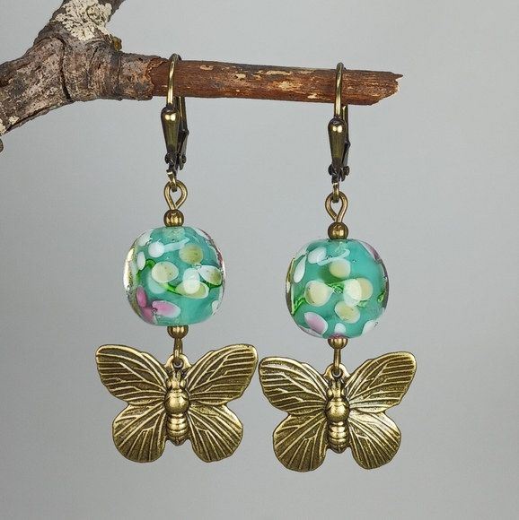 HAND CRAFTED Boho Floral Glass Brass Butterfly Dangle Earrings - Picture 3 of 6